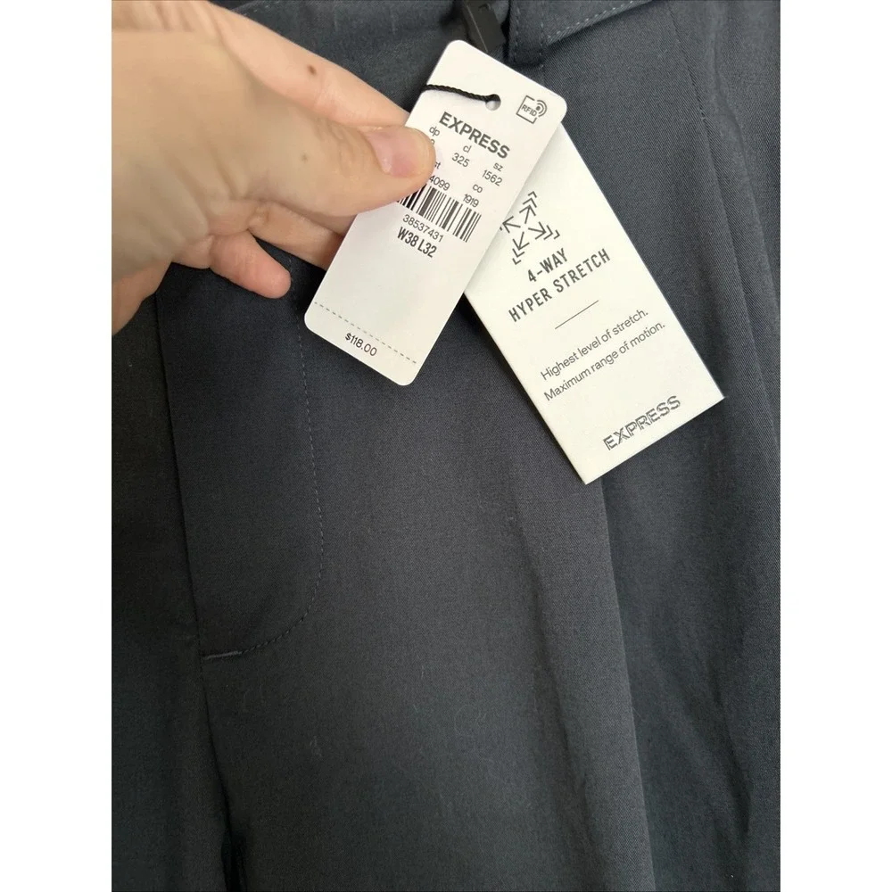 Express‎ Mens Gray Slim Fit 4 Way Hyper Stretch Dress Pants 38x32 NWT